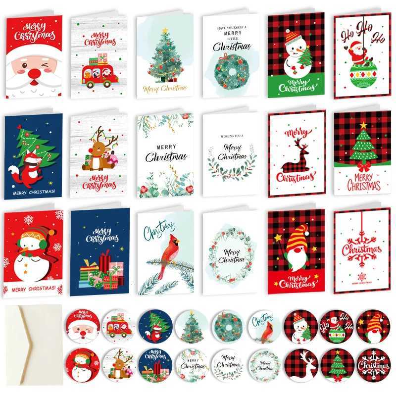 12pcs Merry Christmas Greeting Cards with Envelopes Stickers Folding Type Cartoon Print Gift Cards Christmas Decoration Supplies H251210