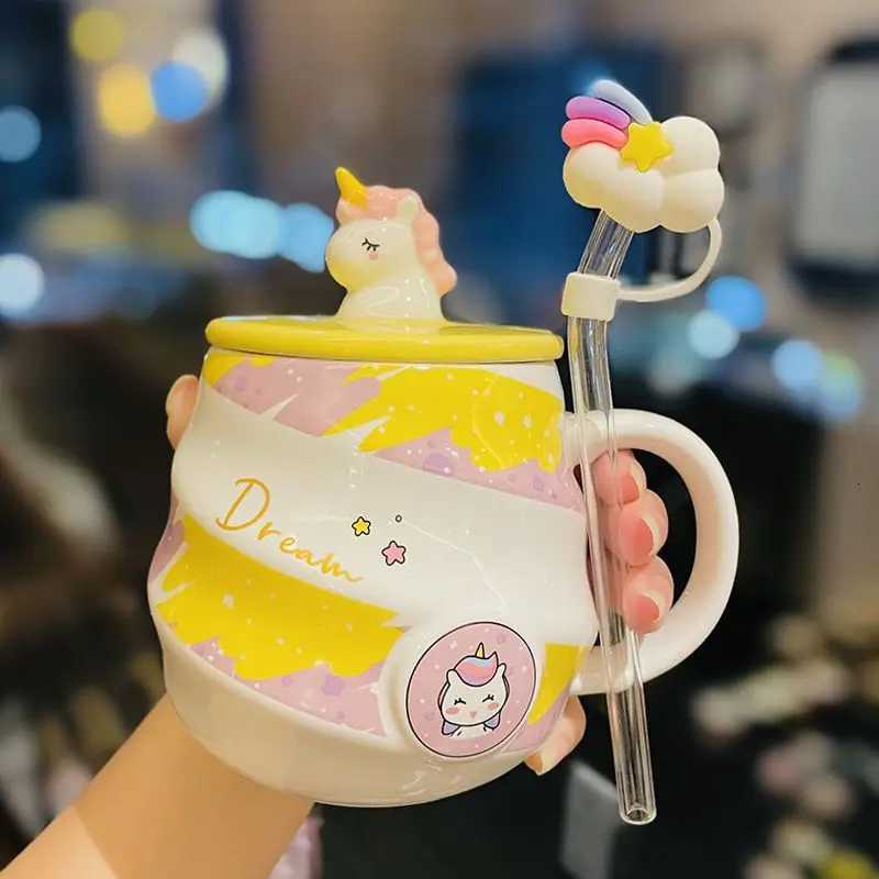 400ml Cute Unicorn Ceramic Cup Ins High Beauty Coffee Mug with Spoon Straw Box Dust Plug Small Summer Couple Water Cups Gift C251210