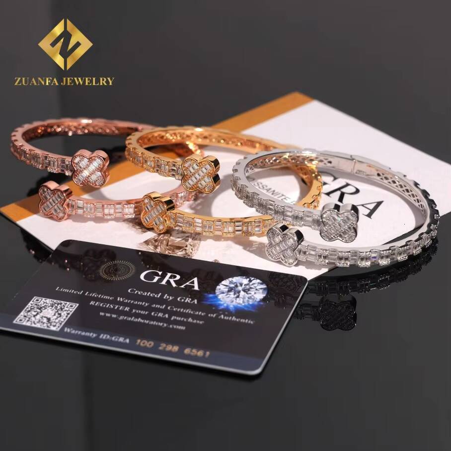 Luxury Jewelry 925 Sterling Silver Ajustable Openable Clover Four-Leaf Flower Bangle Bracelets Baguette Diamond Vvs Moissanite