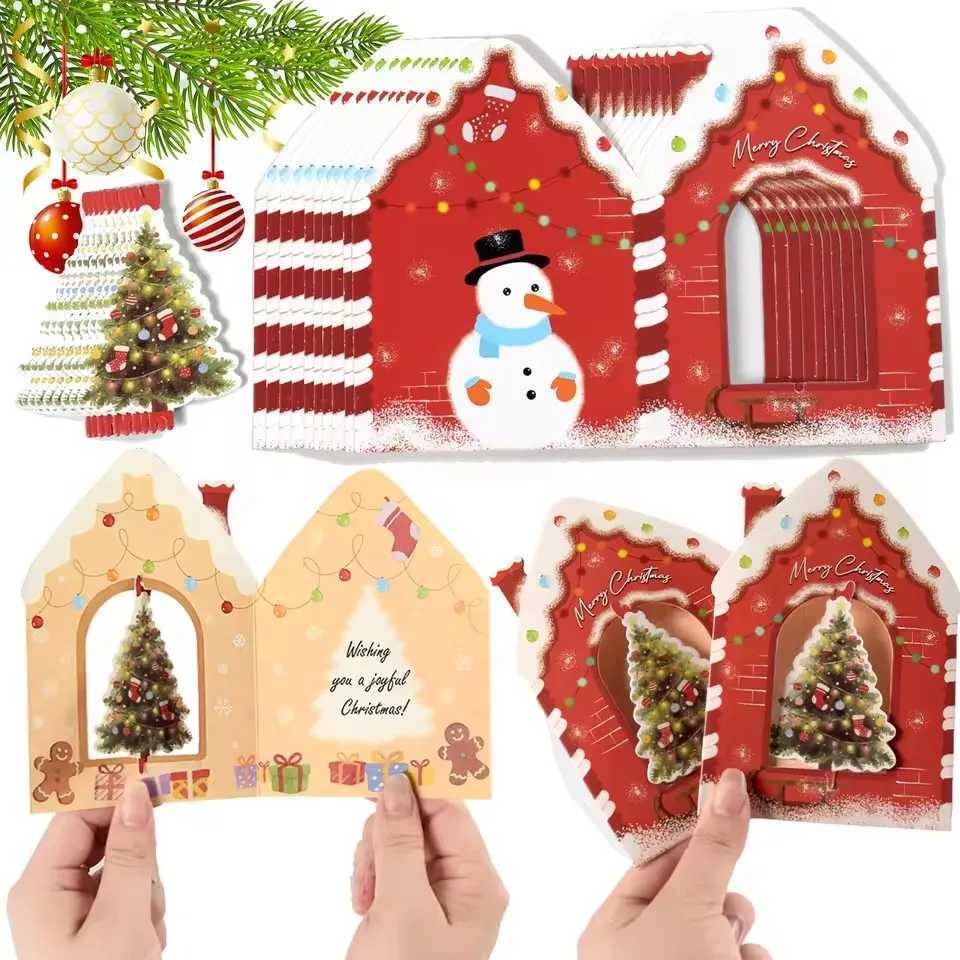 10/20Pcs Merry Christmas Greeting Cards House Design 3D Rotating Blessing Card for New Year Party Gift Decoration Supplies H251210