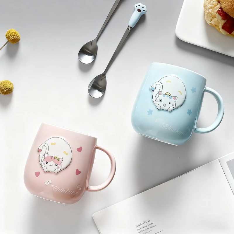 Cat-themed ceramic mug with lid and spoon cartoon style perfect for office or home use coffee cup mugs mug glass mug cup mugs C251210