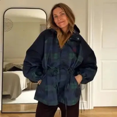 Retro Trendy Plaid Jacket Loose Casual Chic Coat Stand-collar Hoodie Autumn Outerwear Womens Street Wear 251210