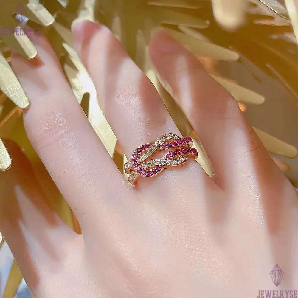 Luxury classic twist designer for women girls lovely charm red stone zircon letters 18k rose gold elegant wedding engagement ring jewelry