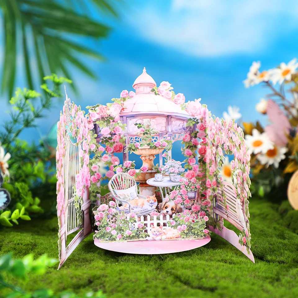 Rose Garden -up greeting card birthday anniversary gift for your lover mother tea Spring cfortable cozy kitten H251210