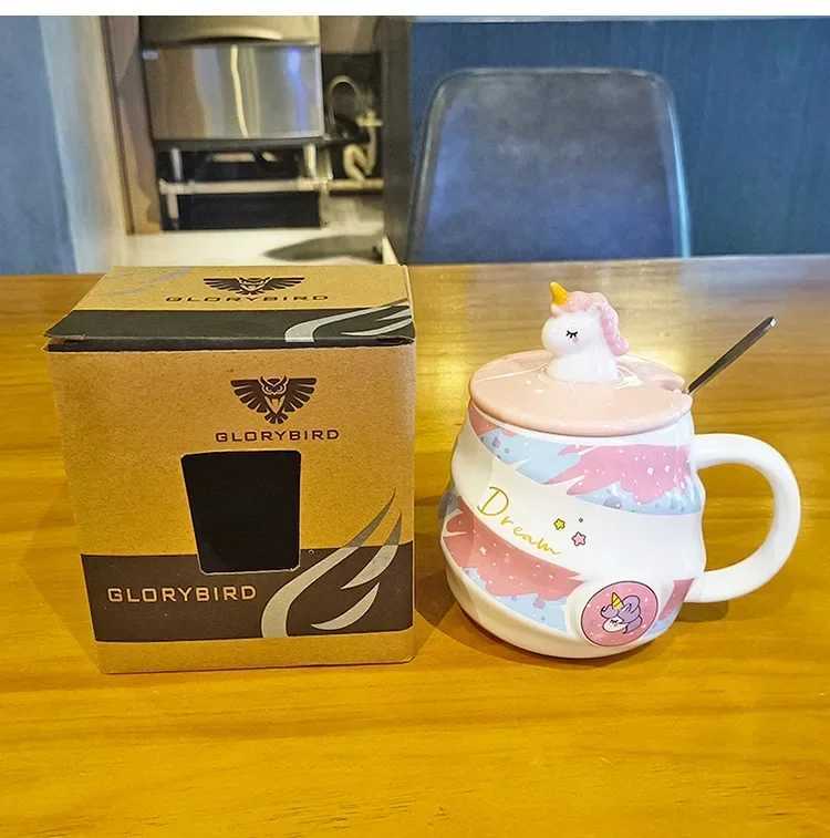Creative Unicorn Ceramic MugCartoon Covered Spoon Coffee MugsCute Couple Water Cup Breakfast Milk Cups Birthday Gift Tea Cup C251210
