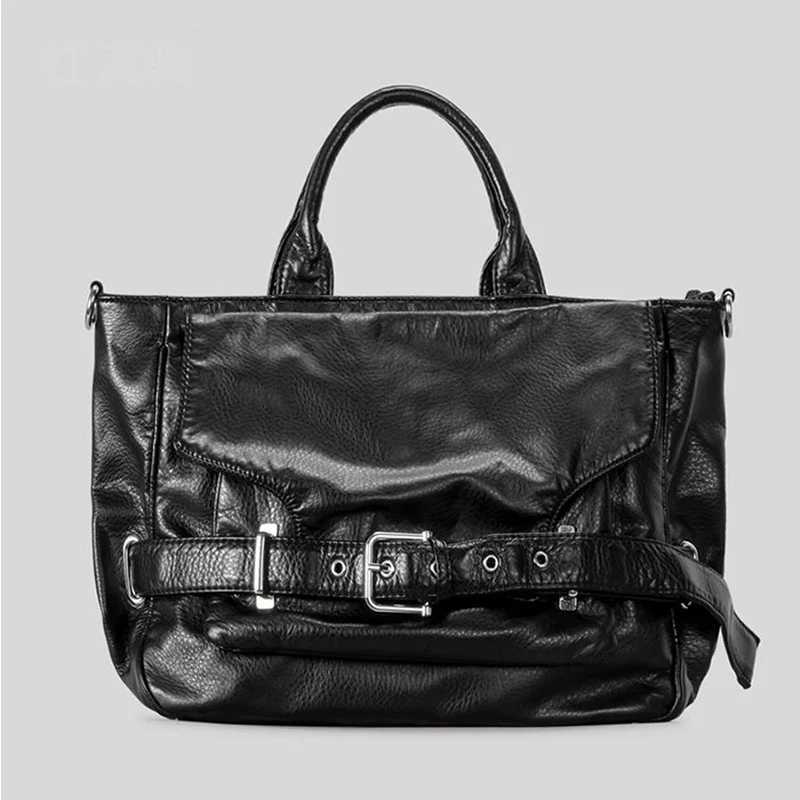 Korean Belt Buckle Crossbody Shoder BagSoft Leather Solid Color Tote BagLarge Capacity Motorcycle Biker Style Handbag Y251209