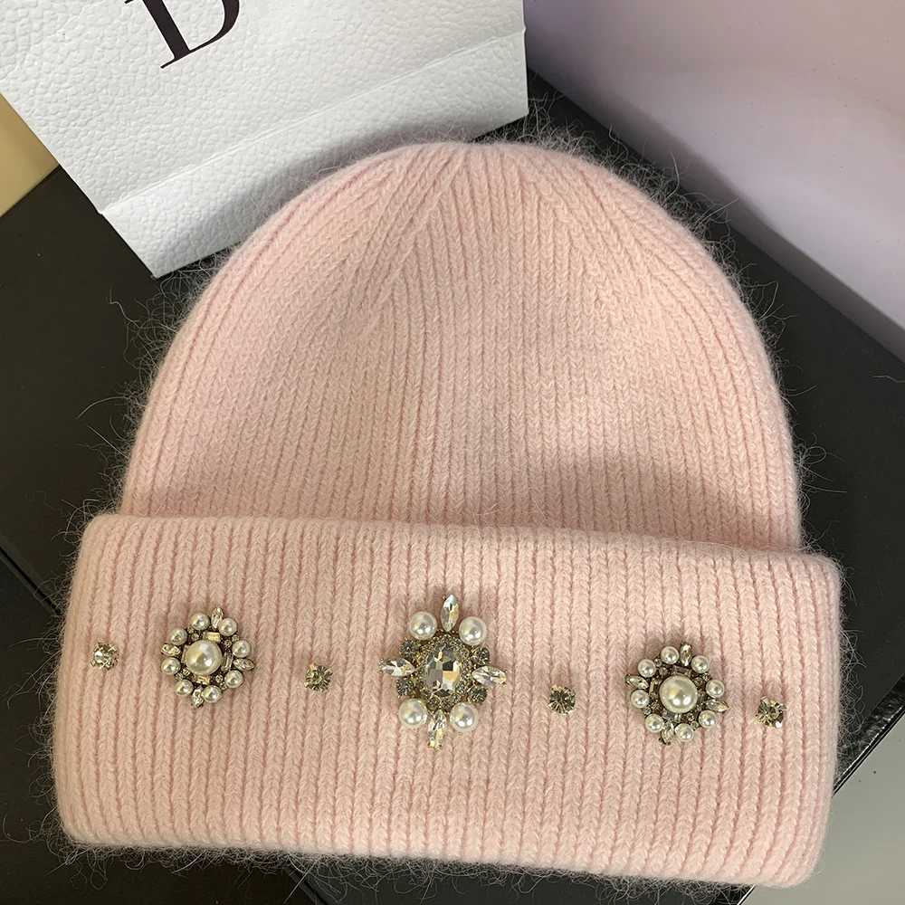 Luxury Designer Brand Women Winter Hats Luxury Rhinestones Rabbit Fur Knitted Hat Female Thicken Warm Knit Bonnet Skullies Beanies Y251209