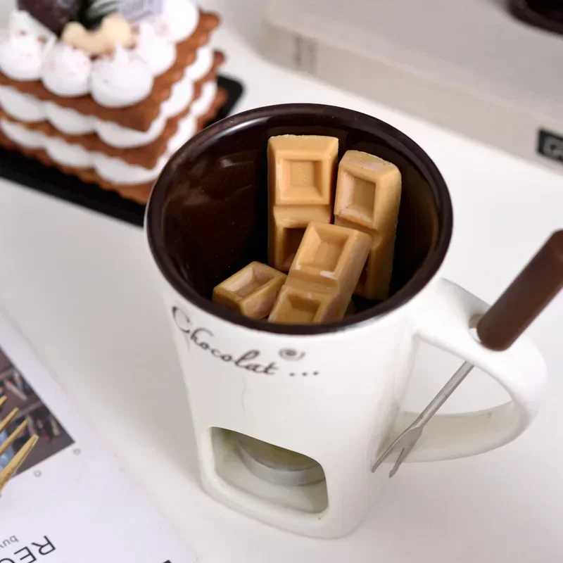 Creative Coffee Cup Cutlery 130ml European Candle Cup Cheese Chocolate Melting Ceramic Mug with Fork for Heating Food C251210
