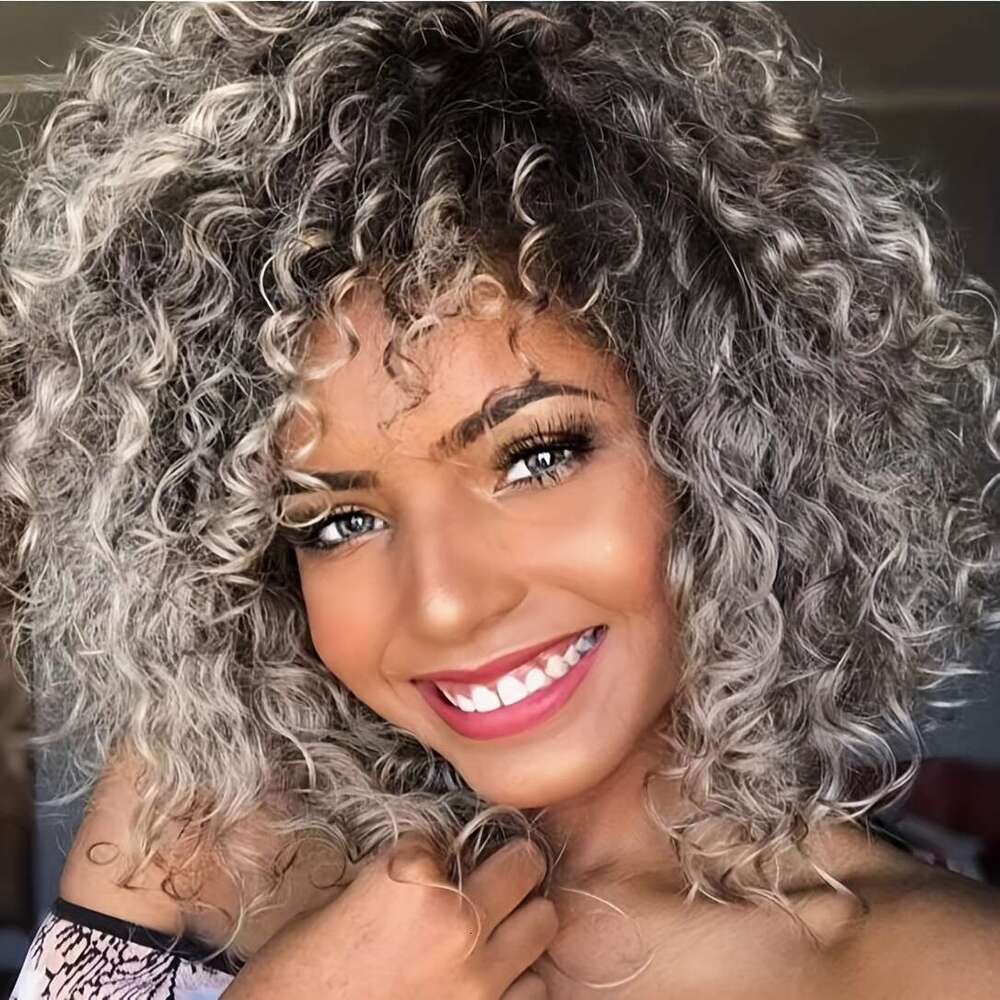 New European And N Small Curly Hair Gradation Silvery African Lady Wig Puffy Explosion Chemical Fiber High Temperature Protein Filaments Head Cover