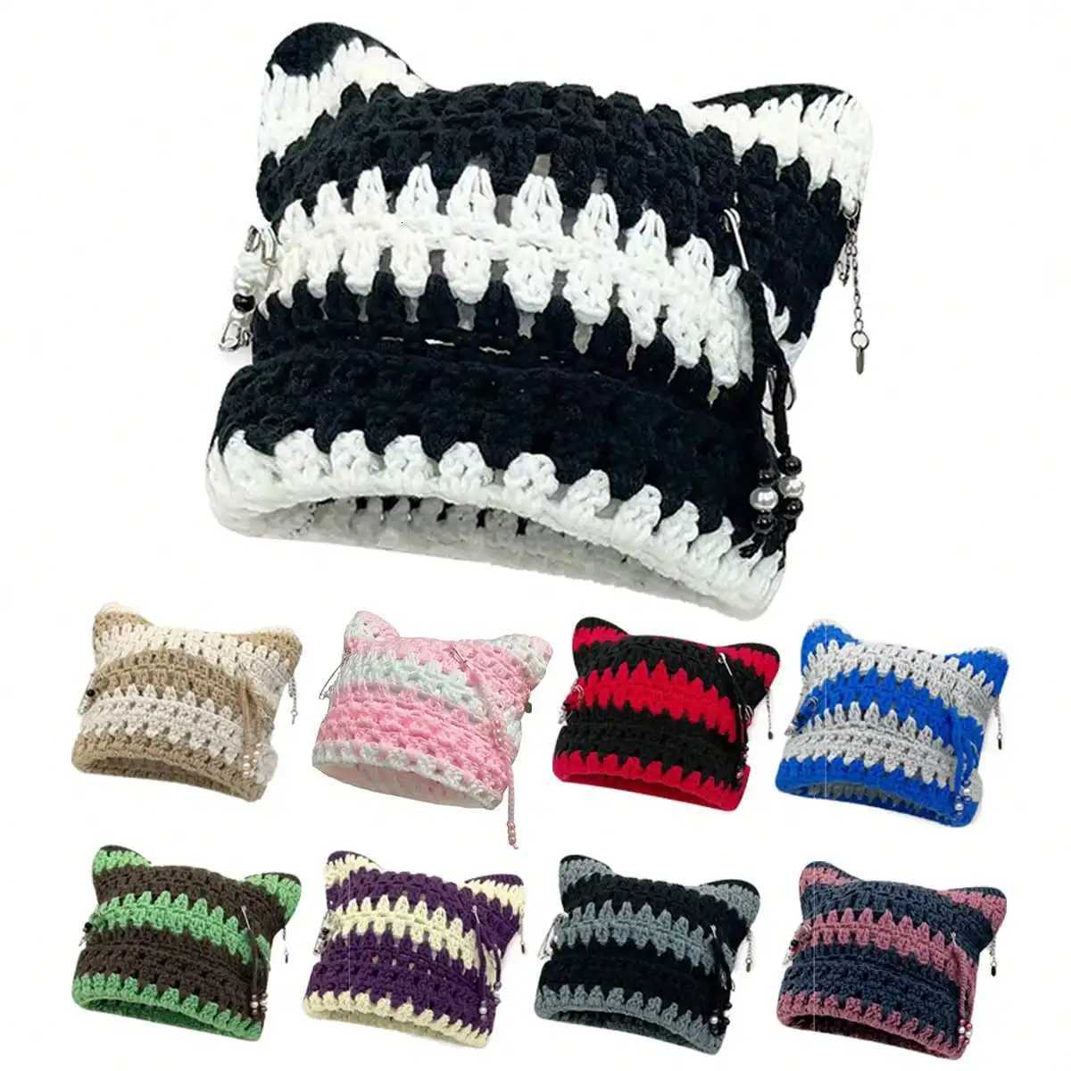 Luxury Neutral Hand Crocheted Knitted Pullover Hat with Detachable Metal Pin Tassel Y2K Street Fashion Hip Hop Hollowed Punk Style Y251209