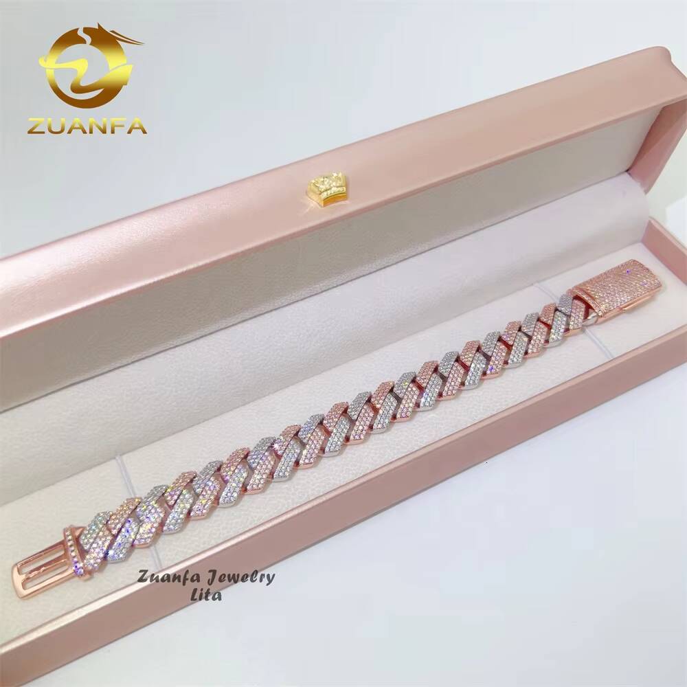 Custom 14mm Moissanite Jewellery Two Tone Rose Gold Cuban Link Chain Men Moissanite Cuban Link Bracelet