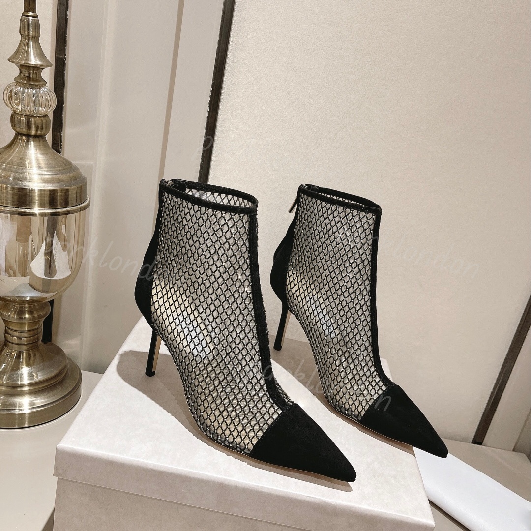Designer Women's Shoes Luxury Mesh Cut-out Rhinestones Thin Heels Pointed Toe Ankle Boots Breathable Boots Sex Heels 33848