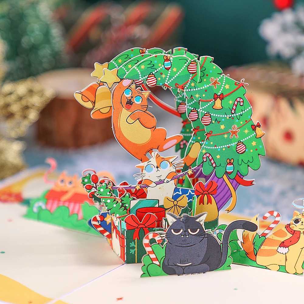 Christmas Greeting Card Crescent Shape Xmas Tree Gifts Cute Nauty Cat Greeting Cards Creative Party Invitation With Envelope H251210