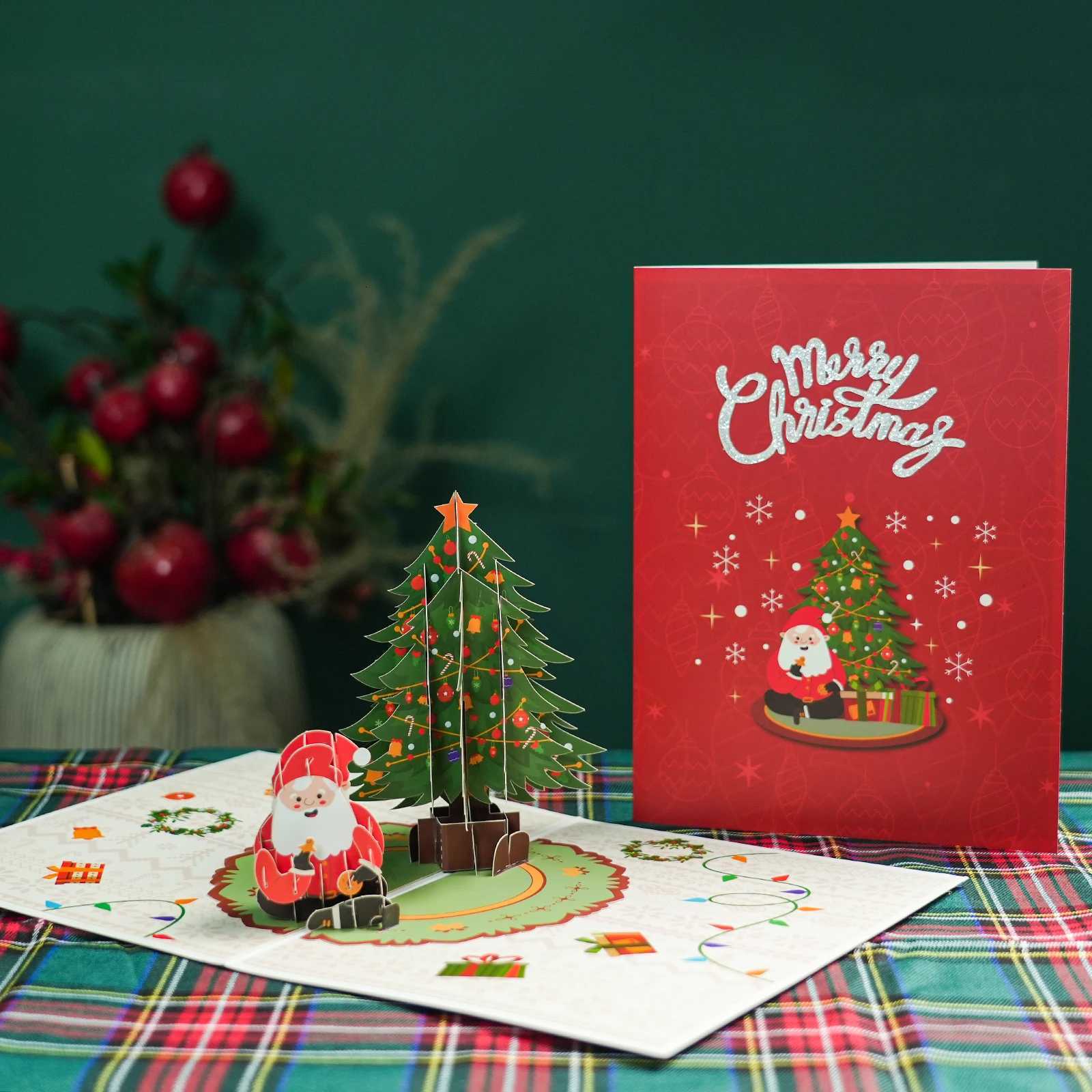 Merry Christmas Cards Christmas Tree Winter Gift -Up Cards Christmas Decoration Stickers Laser Cut New Year Greeting Cards H251210