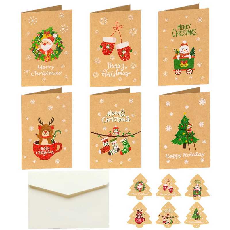 6Sets Christmas Greeting Cards Vintage Kraft Gift Card with Envelope Sticker Santa Claus Reindeer Assorted Holiday Postcard H251210