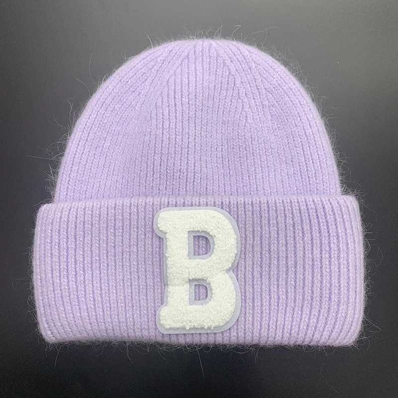 Luxury Real Rabbit Fur Womens Knitted Hat Trendy Letter B Winter Hats Warm Beanie Bonnet Outdoor Lady Wool Skullies Beanies Caps Y251209