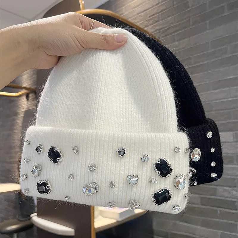 Luxury Winter lady warm thick beanie cap 7colors fashion rhineston solid casual Knitted hat women Angora wool cap windproof Versatile Y251209