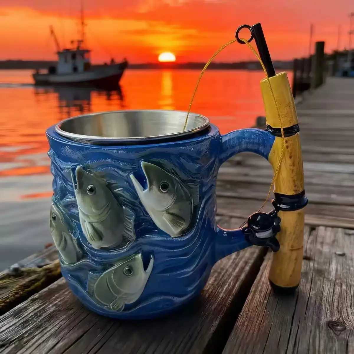 3D Resin Mug with Inner Liner - Creative Fishing Motif Versatile Glass for Coffee And Wine Unique Gift for Fish L C251210