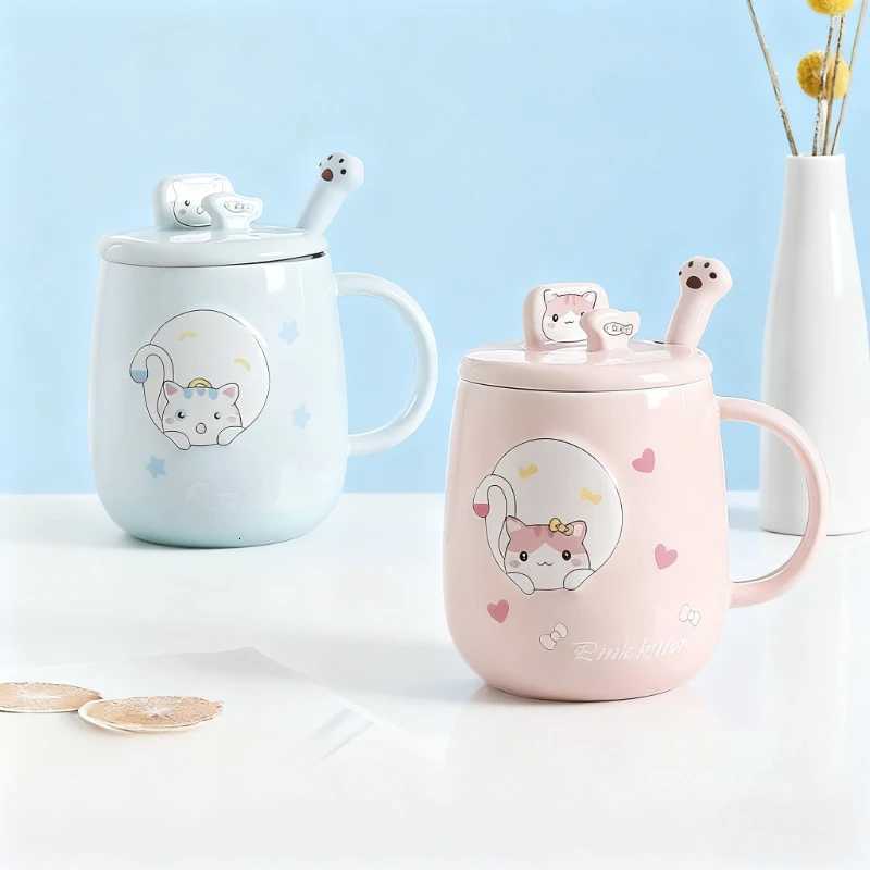 Cat-themed ceramic mug with lid and spoon cartoon style perfect for office or home use coffee cup mugs mug glass mug cup mugs C251210