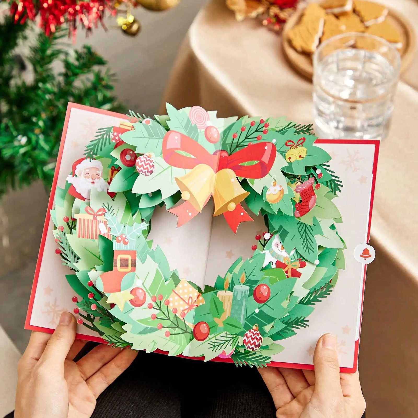 1pcs Christmas Wreath -Up Greeting Card Merry Christmas Gift for Family Xmas Pattern Card H251210
