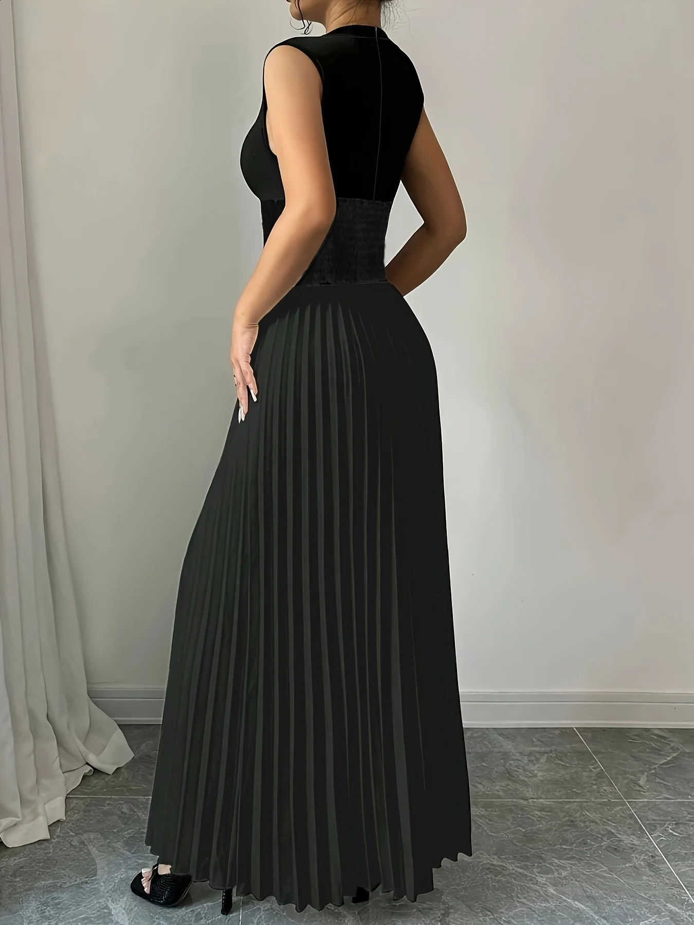 Black Womens Oversized Woven Casual Bohemian A-Line Maxi Summer Dress with Pockets - Full Length Clothing C260312