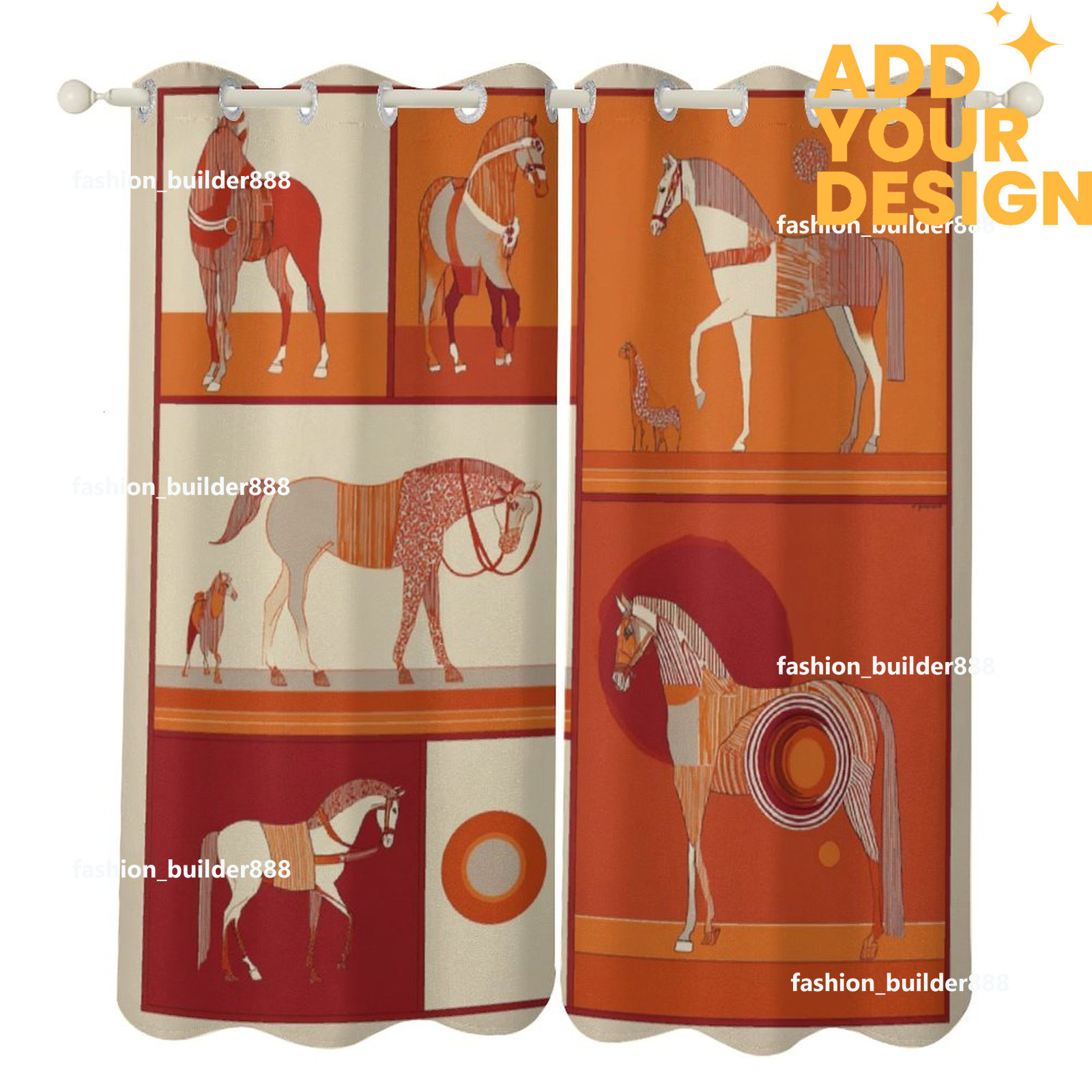 Custom Designer H Blackout Curtain for Bedroom 52x72 inch Long 2 Panels Luxury Horse Pattern Darkening with Grommet Insulated Blinds Privacy for Livin