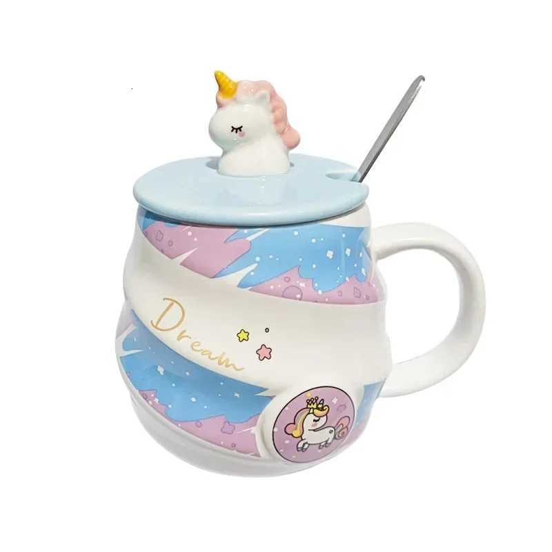 Creative Unicorn Ceramic MugCartoon Covered Spoon Coffee MugsCute Couple Water Cup Breakfast Milk Cups Birthday Gift Tea Cup C251210
