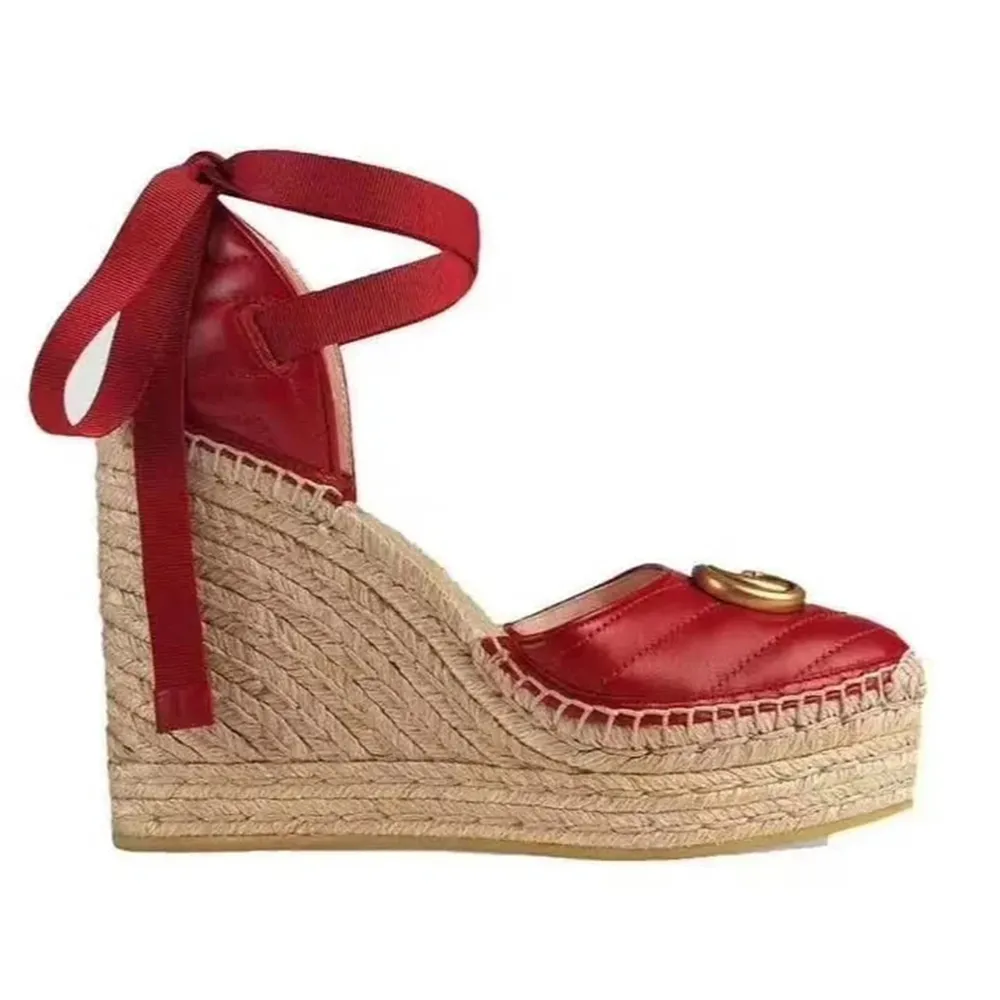 Red leather Metal buckle decoration wedges Sandals Platform Pumps heels Circular toe Ankle Strap 9.5cm Linen Embroidered women's luxury designers summer shoes 35-41