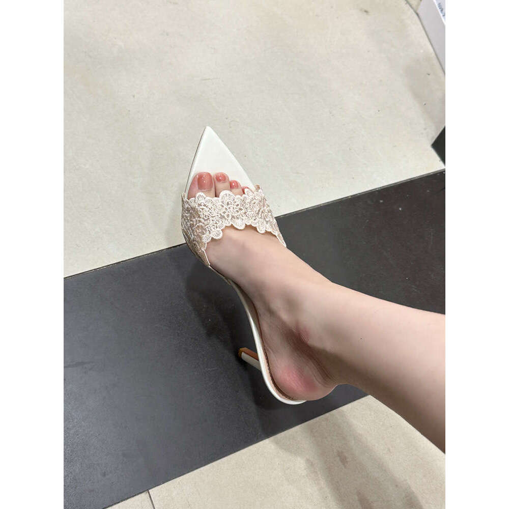 35-42 Plus Size Elegant White Peep Stiletto Lace Embroidered Pointed Heels Feminine Open Toe Slip-On Sandals