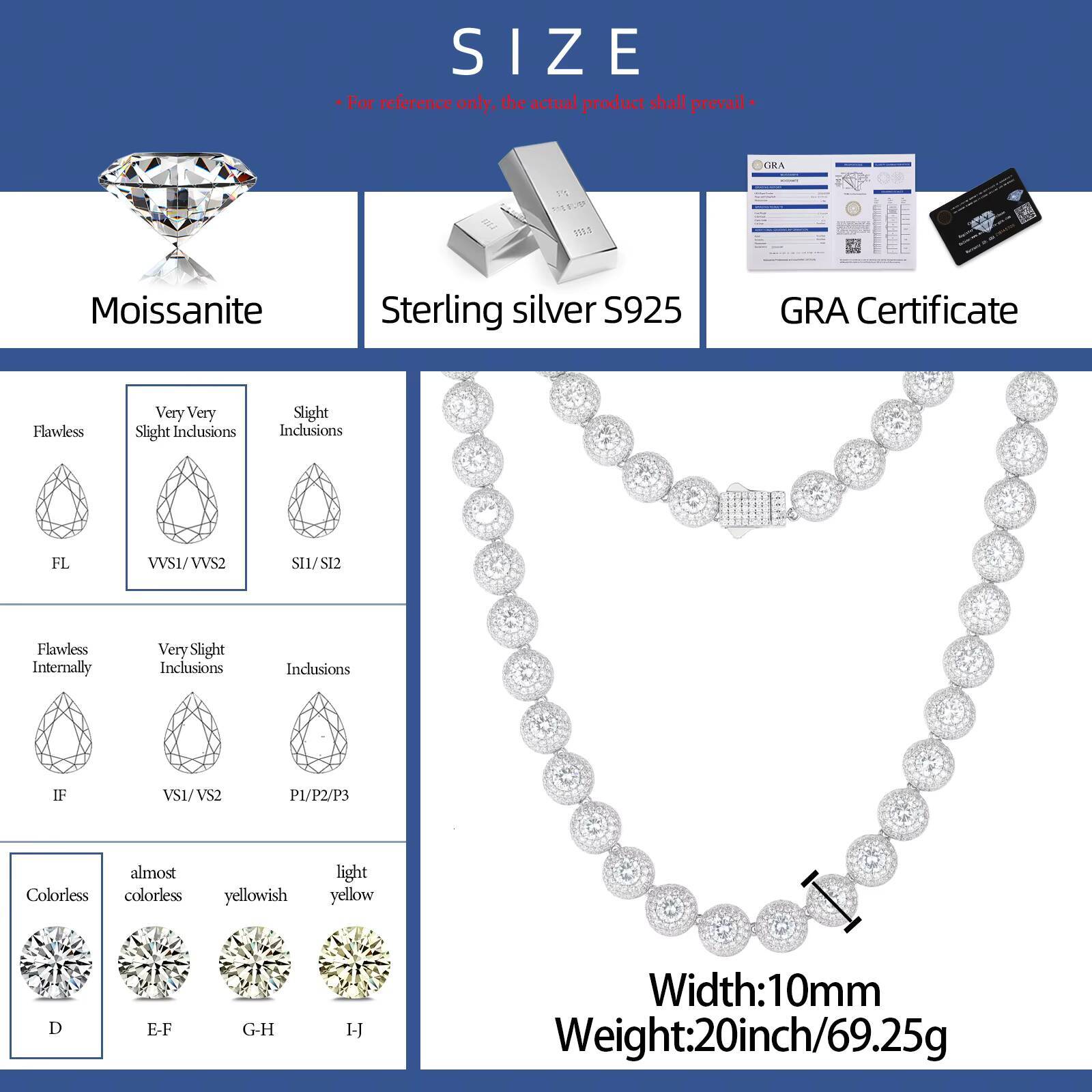 Fashion Hip Hop Jewelry 10mm 925 Sterling Silver Micro Paved VVS Moissanite Diamond Iced Out Halo Tennis Chain for Men