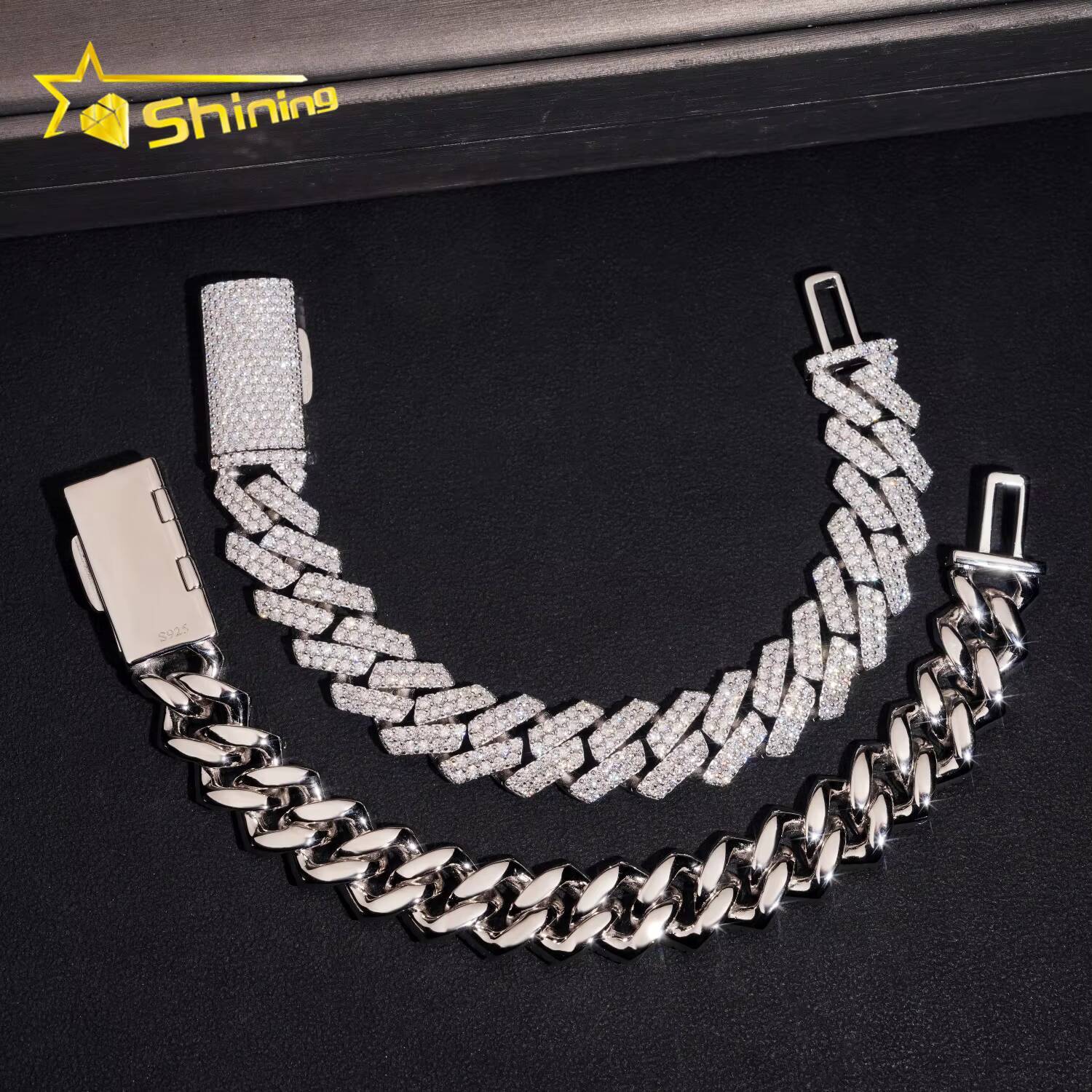 Pass Diamond Tester Moissnaite 2rows 14mm Mens Cuban Bracelet Solid S925 Gold Plated Luxury Cuban Link Chain Hip Hop Jewelry