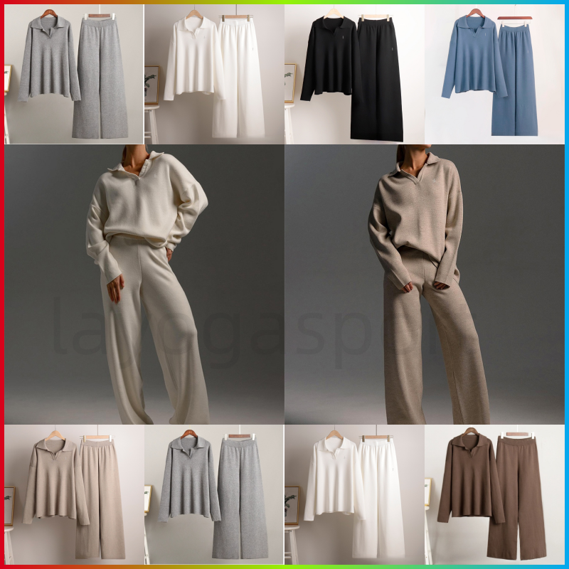 Women Sweater Yoga 0utft Suits Alonessities Two Piece Autumn Winter Polo Neck Knitted Pullover Wide Leg Pants Jogger Suit Gym Tracksuit