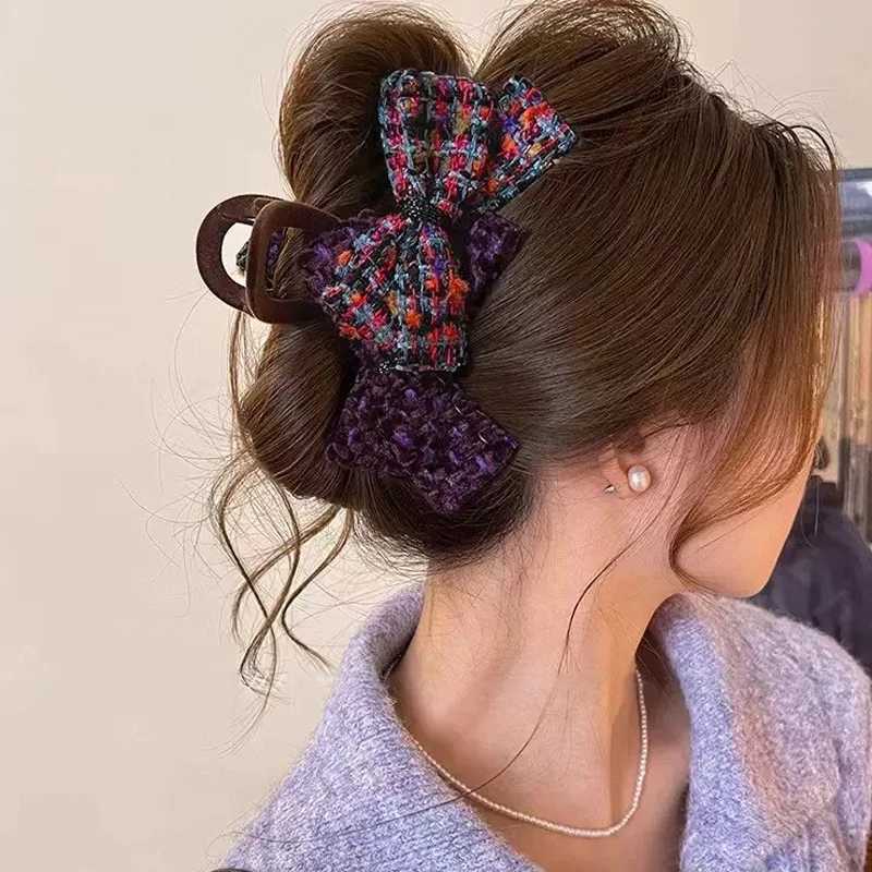 1pc Autumn/Winter wool-blend color-block double bow hair clip large shark clip for the back of the new stylish hair acces Y251210
