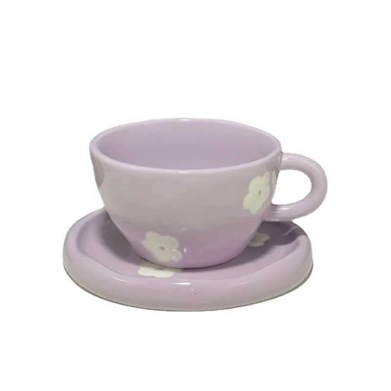 250ml Japanese Retro Hand-Painted Purple Small Flower Ceramic Cups with Saucers Hand Pinched Irregular Coffee Mug Set C251210