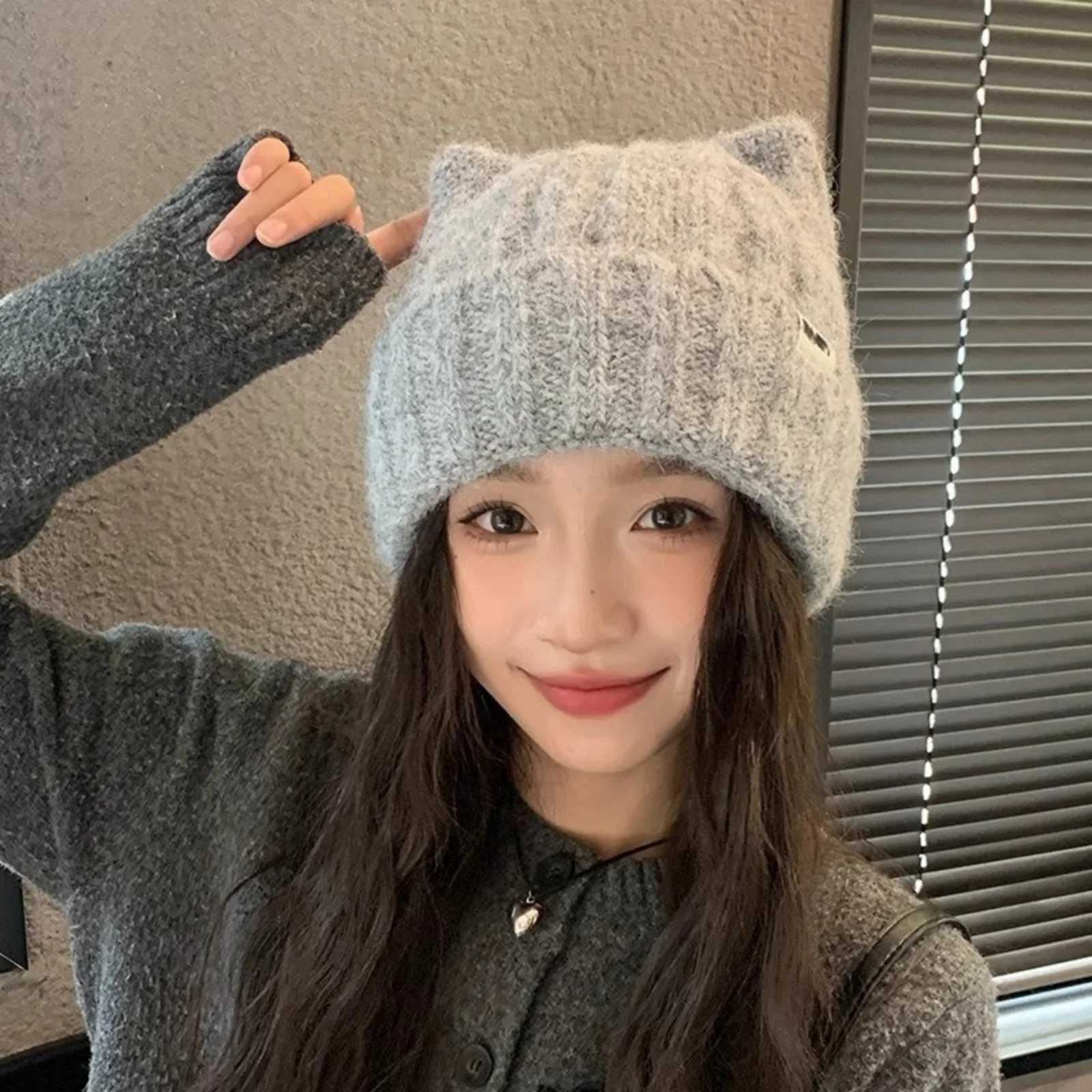 Luxury 1PC Cat Ear Knitted Beanies Cute Winter Warm Wool Hats For Women Korean Style Fashion Headwear Y251209