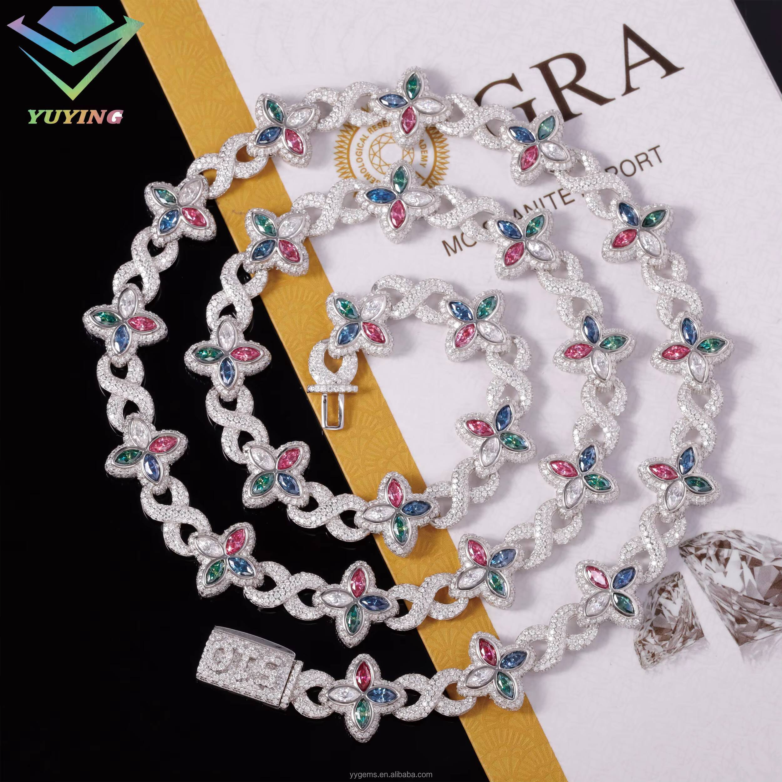 Fashion Hip Hop Jewelry Gold Plated 925 Sterling Silver Colored Moissanite Diamond Four Leaf Clover Necklace Cuban Link Chain