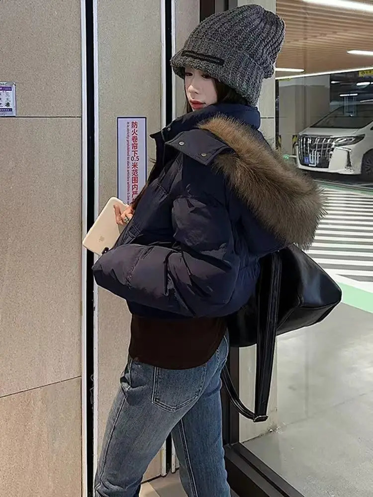 Retro Harajuku Fur Collar Warm Solid Color Women Hoodie Lining Cotton Coat Winter Loose Casual Slim Thick Jackets Winter Clothes 251209