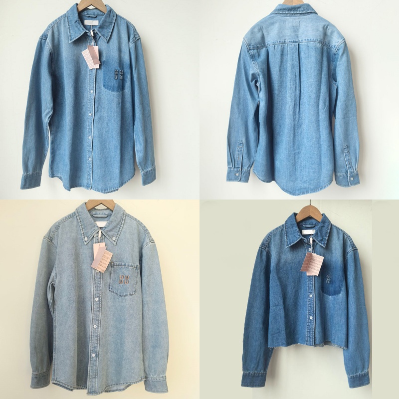 Designer Letter Embroidered Chambray Shirt Women Blue Long Sleeve Button Shirts Spring Oversize Fit Blue Denim Blouse
