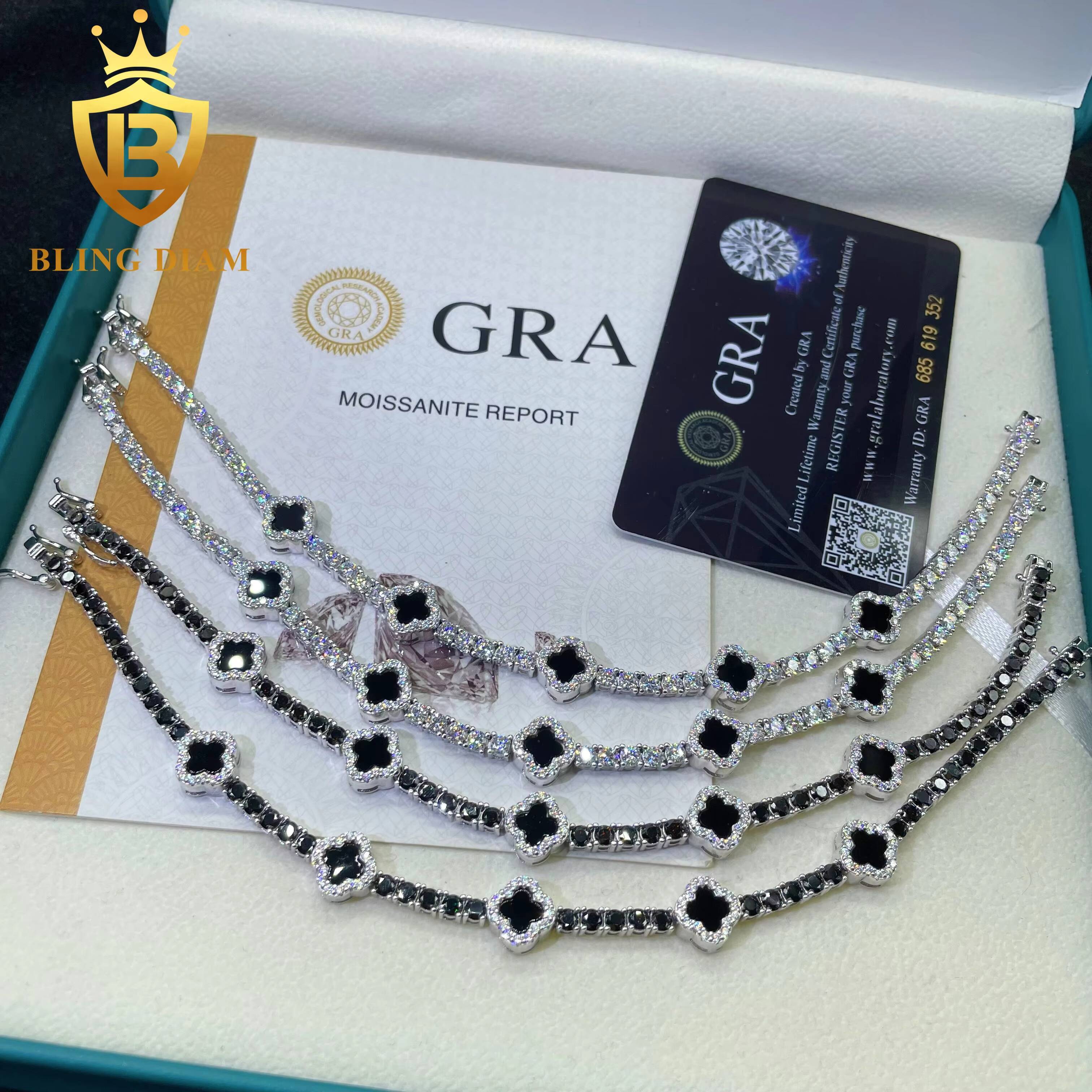 Hot Selling 3mm Four Clover Leaf 925 Sterling Silver Luxury Hip Hop Moissanite Diamond Tennis Chain Bracelet Pass Diamond Test