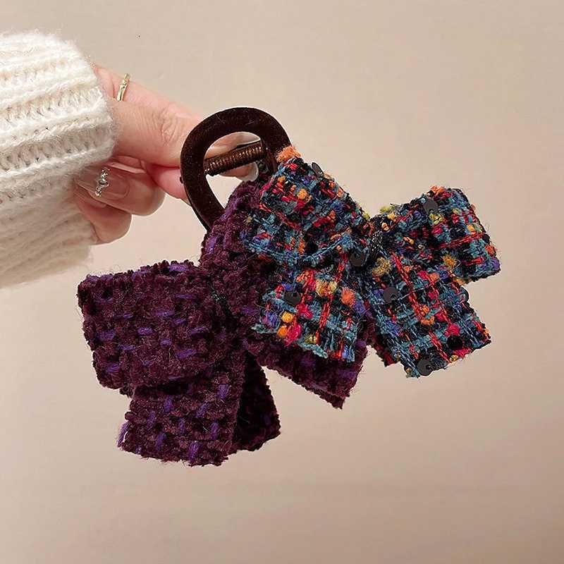 1pc Autumn/Winter wool-blend color-block double bow hair clip large shark clip for the back of the new stylish hair acces Y251210
