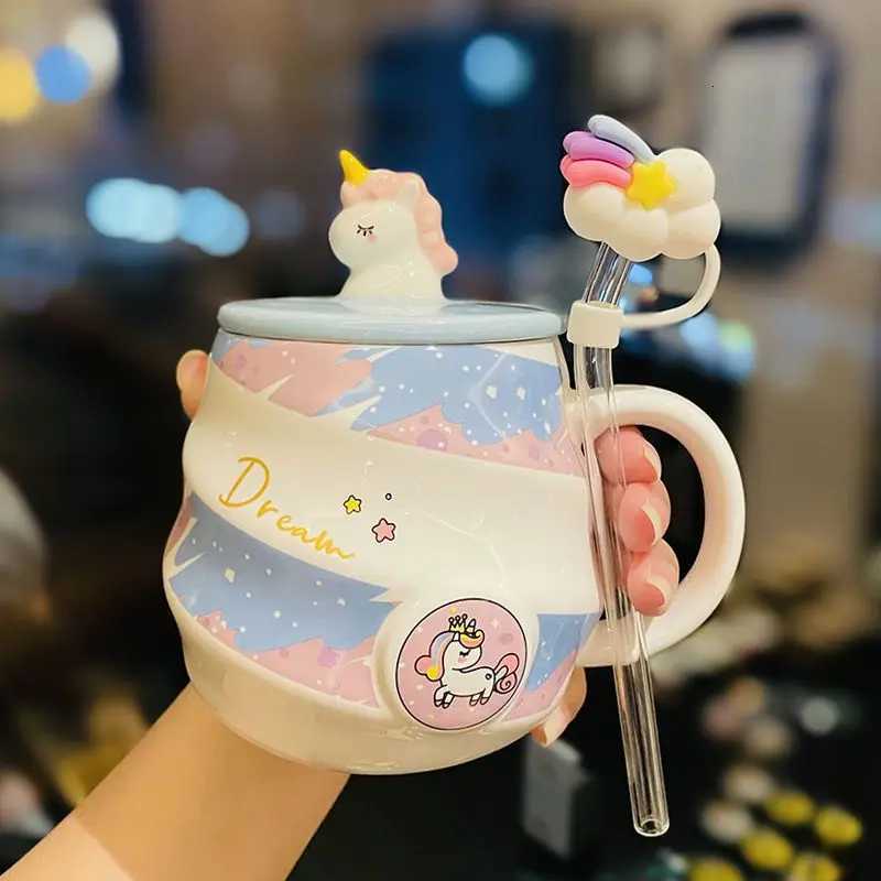 400ml Cute Unicorn Ceramic Cup Ins High Beauty Coffee Mug with Spoon Straw Box Dust Plug Small Summer Couple Water Cups Gift C251210