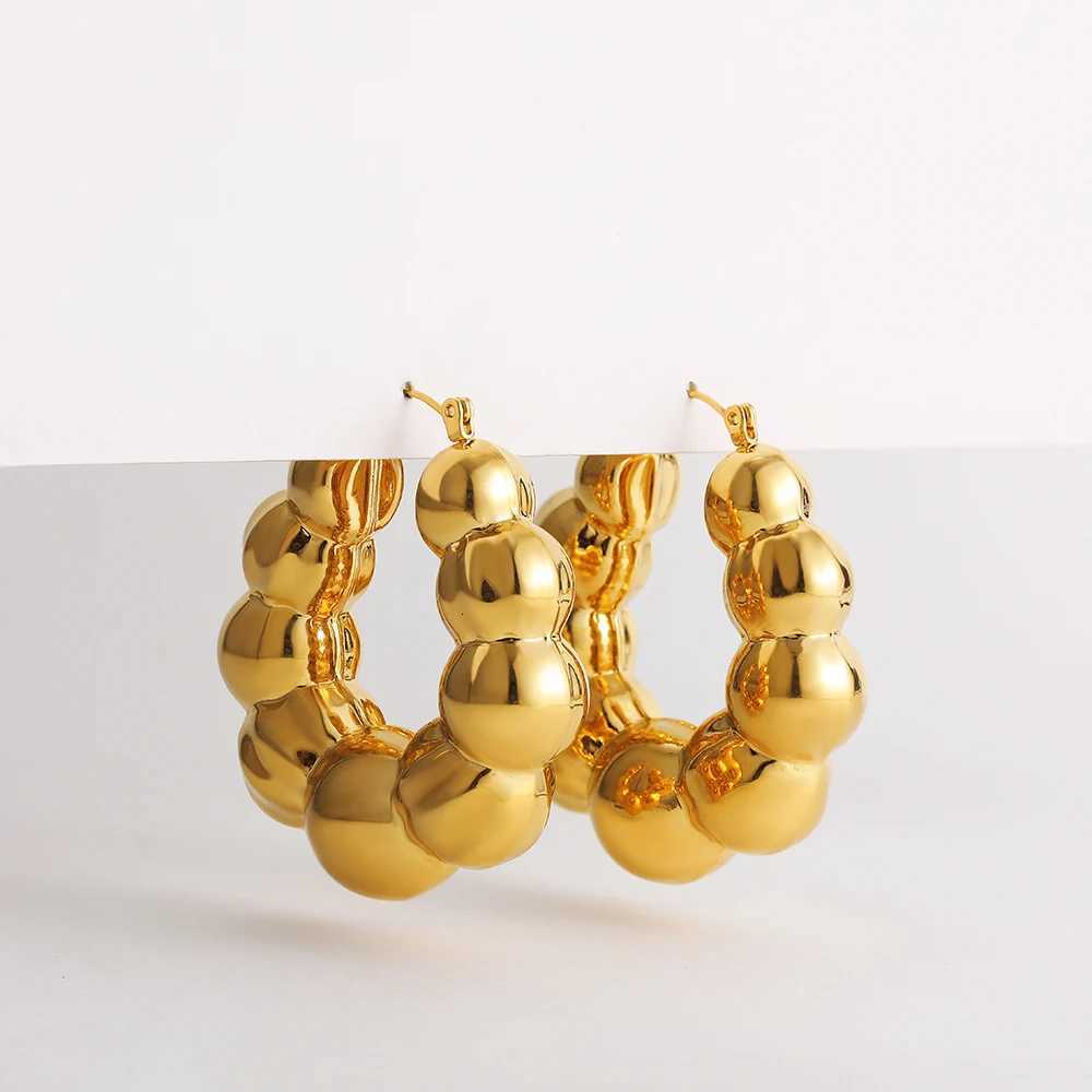 Vintage Punk Gold Plated Large Round Beaded Chunky Hoop Earrings for Women Lightweight Stainless Steel Hoops Statement JewelryXJ251210 - view 5
