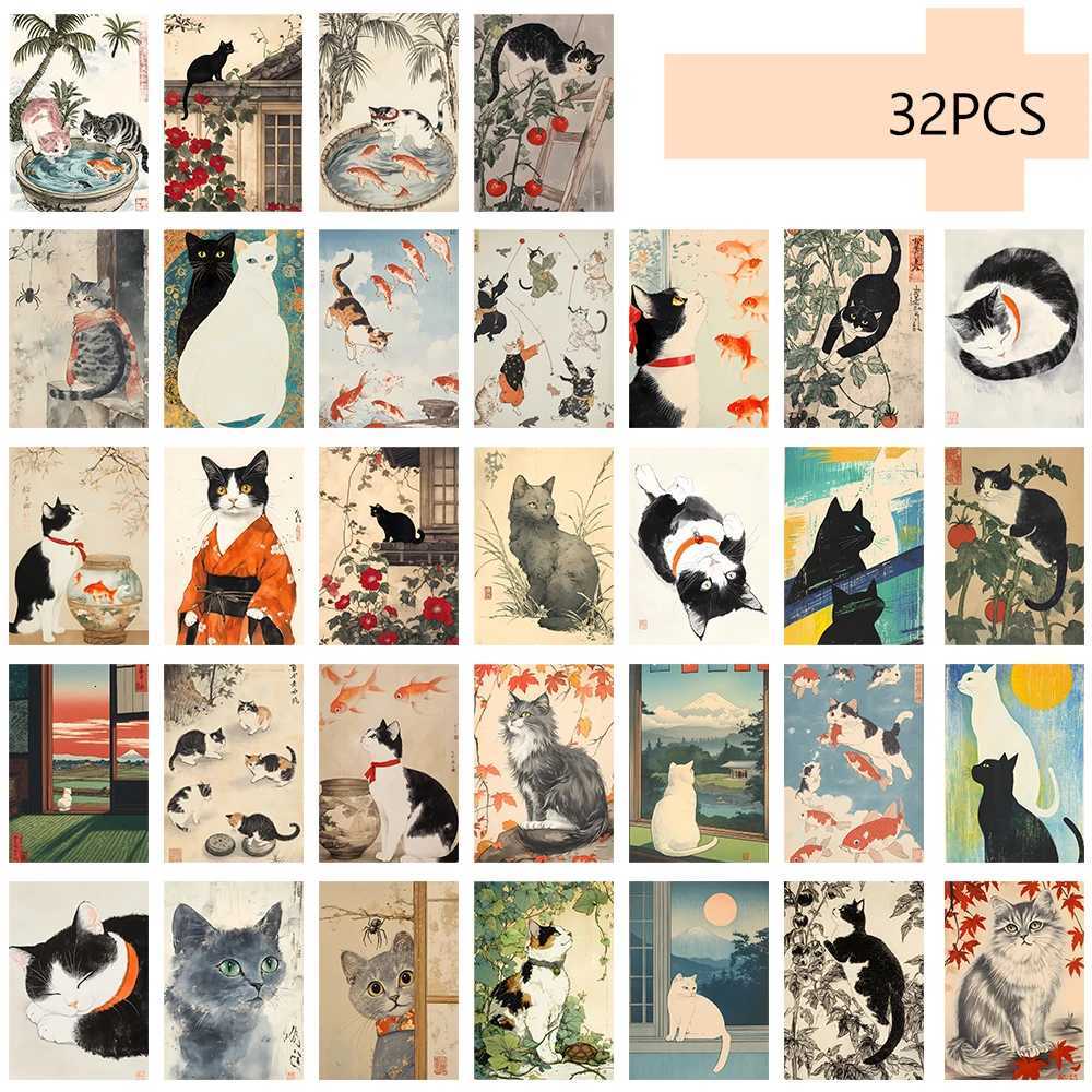32pcs Japanese Cat Postcards Ukiyo-E Style Cute Cat Posters Living Ro Decor Stickers Bedro Decoration High Quality Card H251210