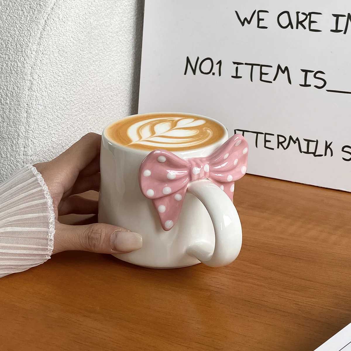 1Pc Polka Dot Bow Mug Creative Bow Handle Ceramic Mug Exquisite Polka Dot Design Suitable for Home Decoration Living Room Bedroom Diningt C251210