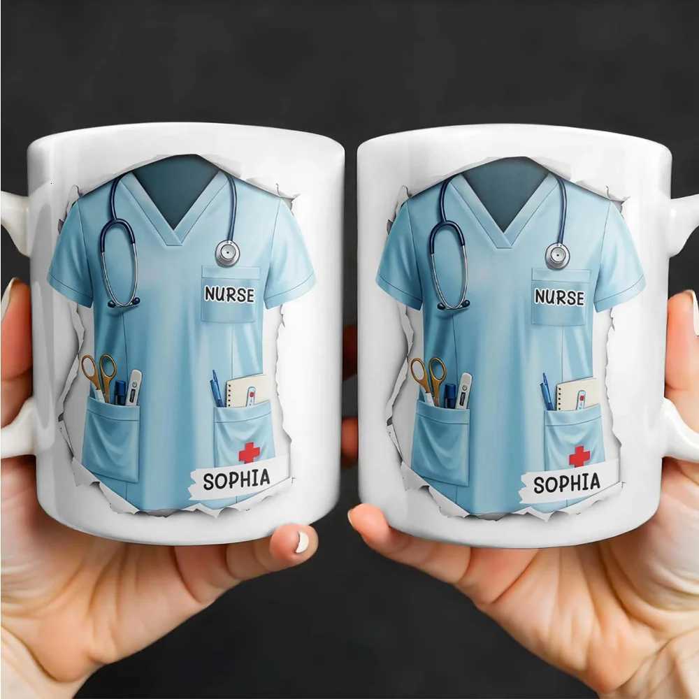 Custom Nurse Day Gift Ceramic Mug with Engraving - Premium White Cup with Medical Motifs C251210