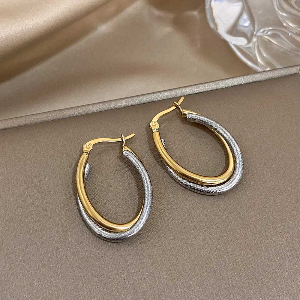 Greatera Trendy Two Tone Stainless Steel Double Twist Hoop Earrings for Women Gold Plated U-Shaped Earrings Waterproof JewelryXJ251210 - view 5