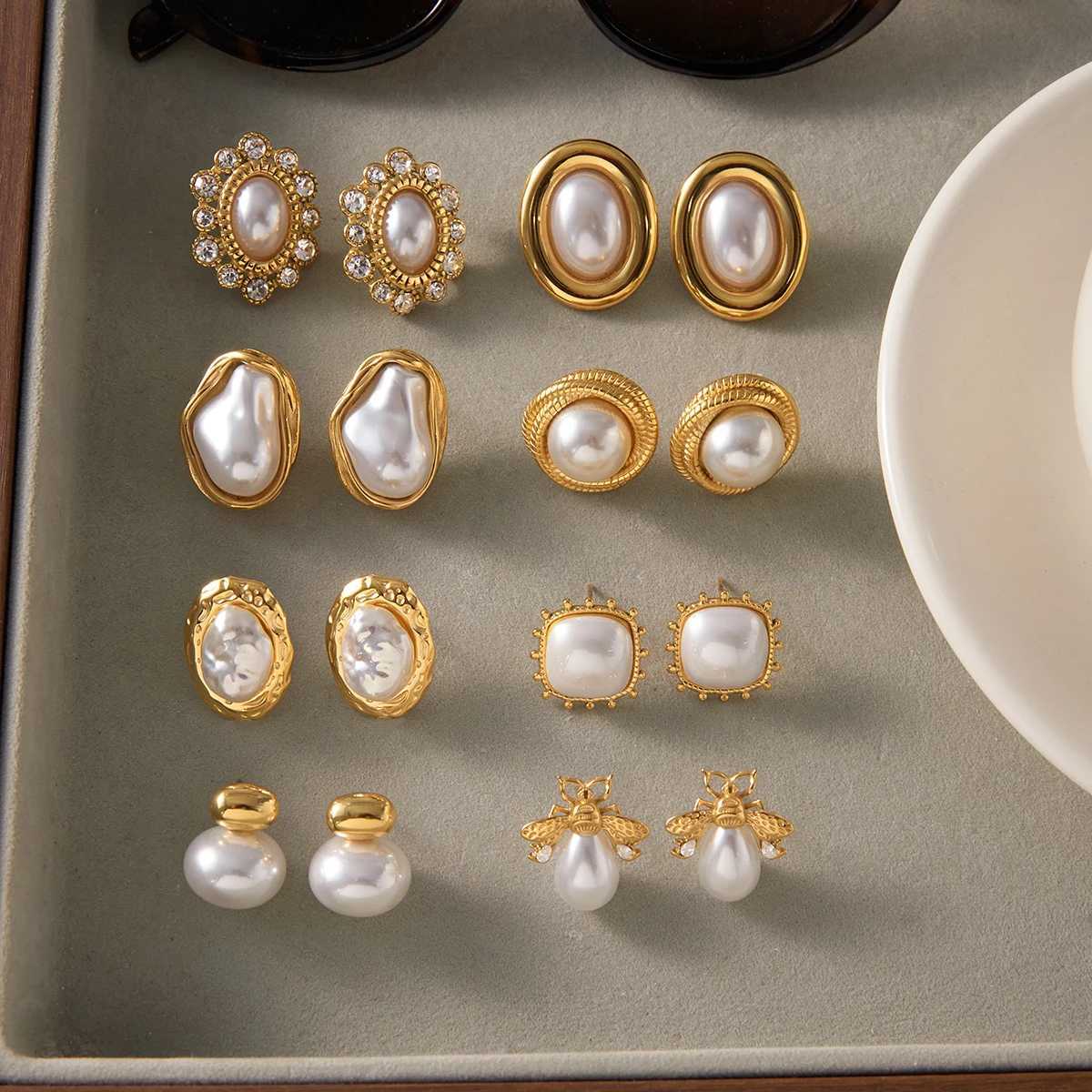 Uworld Exquisite Elegant Irregar Resin Pearls Ear Studs 18K PVD Stainl Steel Gold Color Fine Textu Smooth Earrings For W Y251210