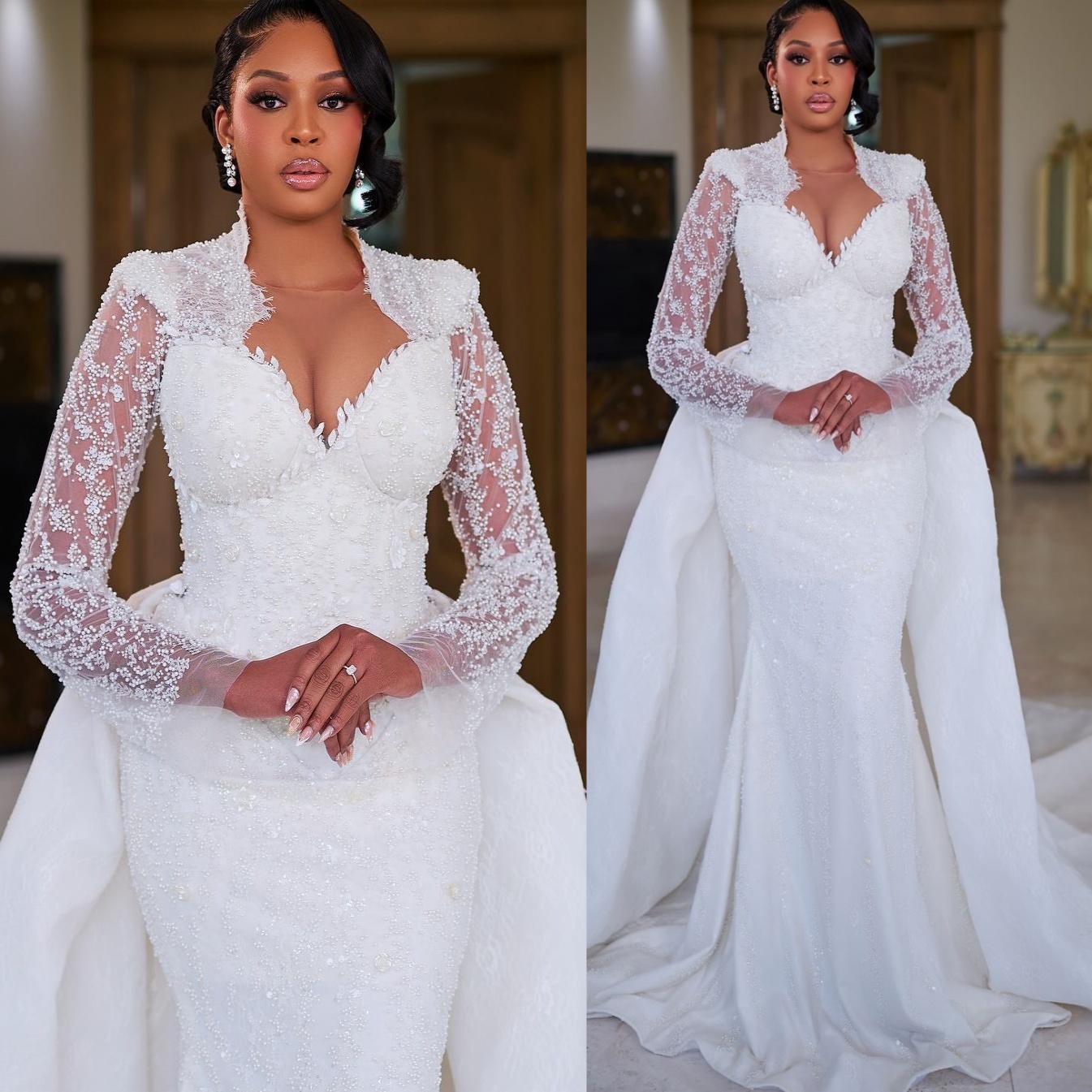 2026 Arabic Aso Ebi Plus Size Ivory Wedding Dresses Sheer Neck Full Sleeves Flowers Sequined Lace Detachable Train Bridal Gowns Dress For Brides ZJ205