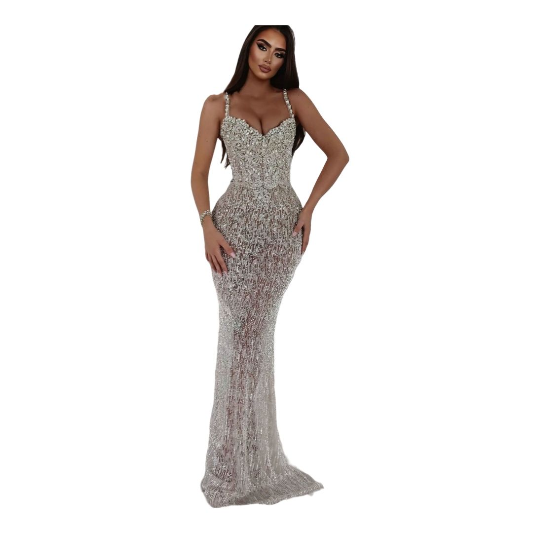 Sparkly Prom Dress Sequins Spaghetti Straps Shine Crystals Evening Gowns Ground Dresses Sleeveless Customized Robe De Soiree vestido de novia D10