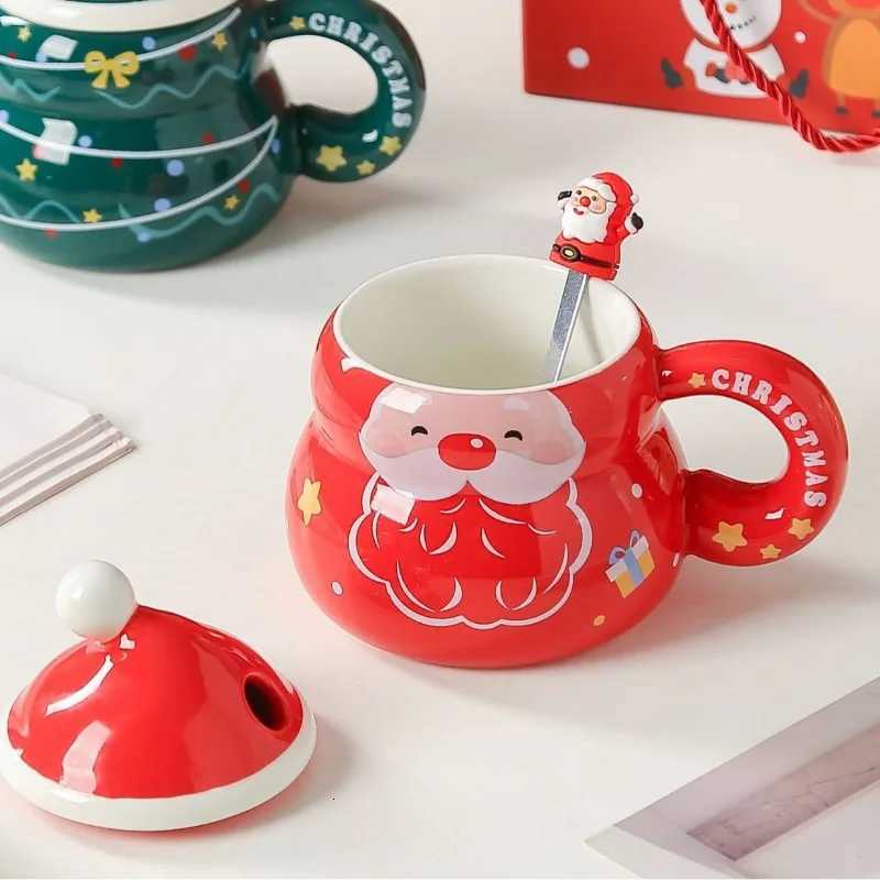 Christmas Ceramic Cup with Lid Spoon Large Capacity Cartoon Christmas Mug Home Holiday Atmosphere Gift C251210